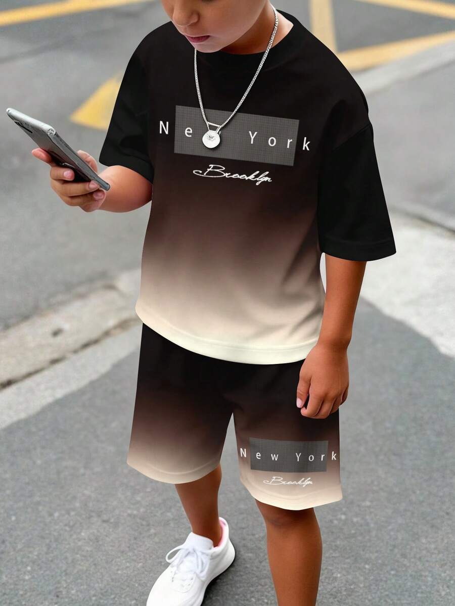 青少年男童休闲舒适简约圆领短袖T恤和短裤套装 - 白色 - 查看 1