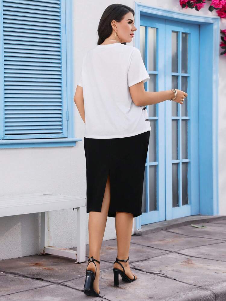 Plus Size Women Straight Solid Color Midi Skirt And Striped Short Sleeve T-Shirt Set