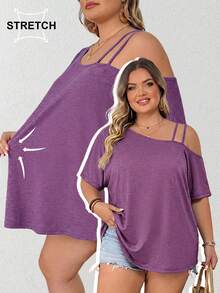SHEIN CURVE+ Camiseta casual holgada de manga corta con cuello redondo y estampado de teñido anudado para mujer de talla grande, primavera/verano - Morado - Ver 1