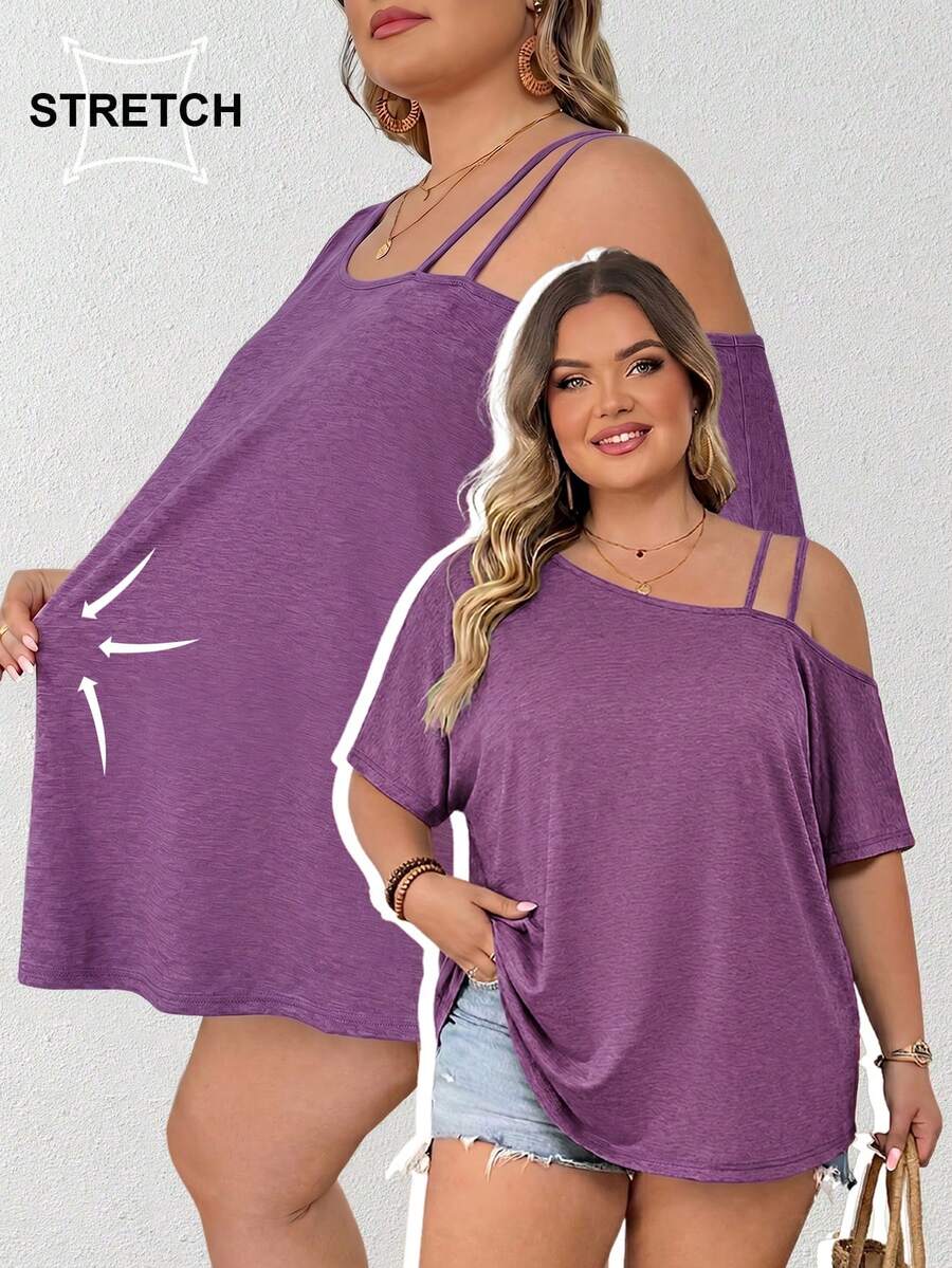 SHEIN CURVE+ Camiseta casual holgada de manga corta con cuello redondo y estampado de teñido anudado para mujer de talla grande, primavera/verano - Morado - Ver 1