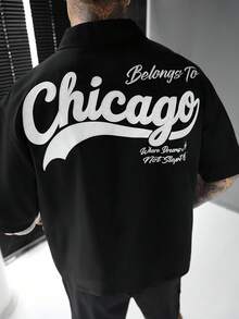 SLATEMANN Camisa casual de manga corta con botones y bordado de letras para hombre, de verano - Negro - Ver 3