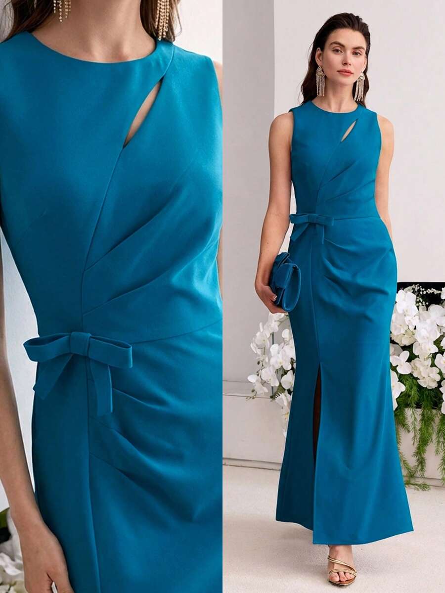 MOTF PREMIUM SOLID RUCHED BOW WAIST SPLIT THIGH MERMAID HEM LONG DRESS - Blue - View 1