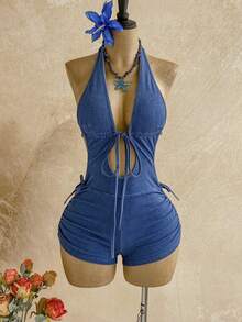 Soleia Women's Backless Halter Denim Romper - Blue - View 4