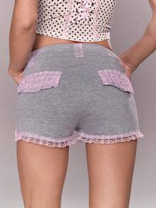 Sweetness Quần short mini cạp thấp phối ren tương phản phong cách Y2K Pastel Girl Kawaii dành cho nữ - Màu Xám nhạt - Xem 3
