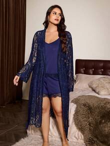 Slumberist New Lace Hollow Out Sexy Loose Long Sleeve Robe With Tie, Camisole And Shorts 3-Piece Sleepwear Set, Plus Size - Navy Blue - View 3