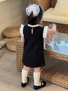 Dazy Kids 女嬰圓領拼色韓風蝴蝶結無袖中長洋裝 幼兒夏季 - 黑色 - 查看 2