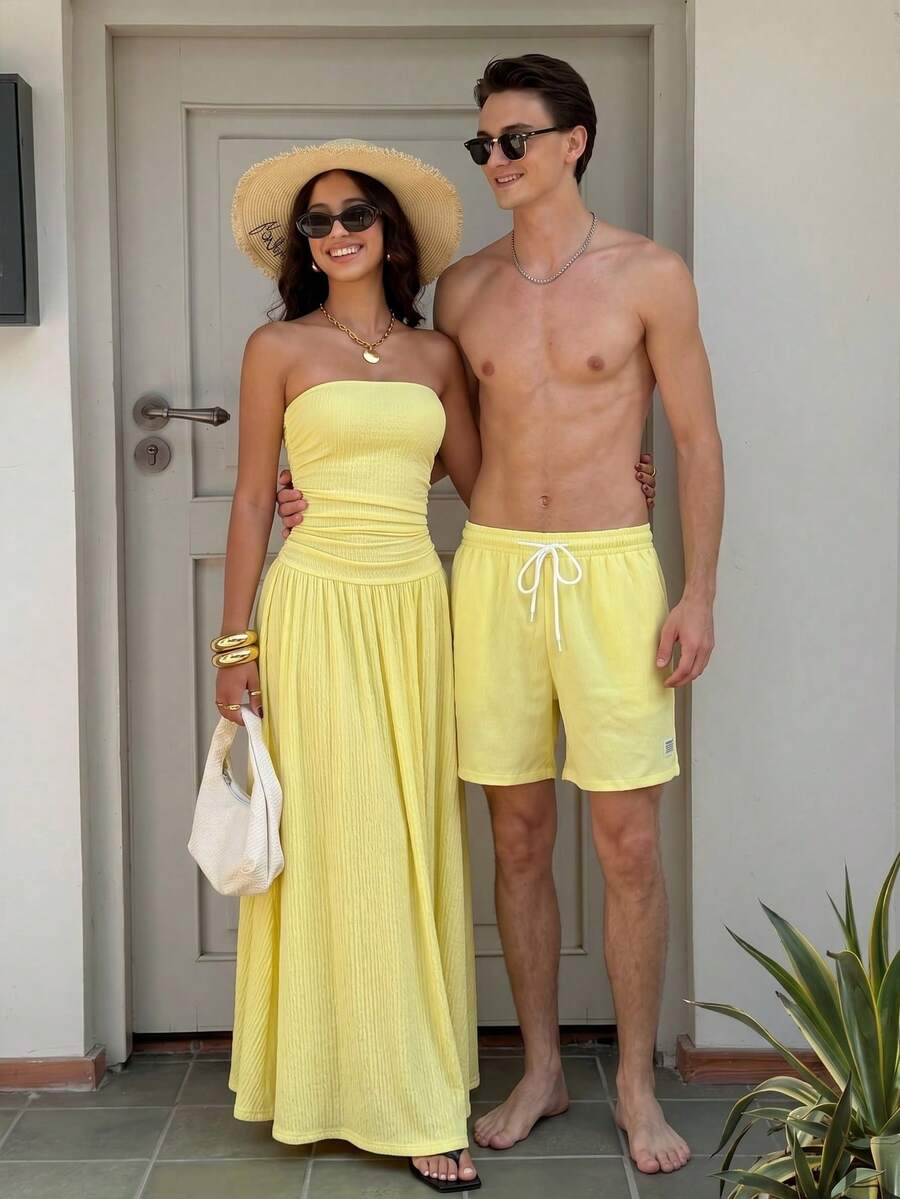 Manfinity Swimmode Herren Sommer Strandshorts mit strukturierter Oberfläche und Kordelzugbund, Urlaub Strand Hawaii Tropisch Badeshorts Urlaub Date Paar - Hellgelb - Übersicht 1