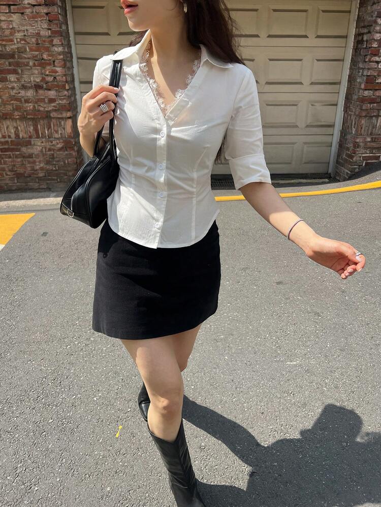 Women's Solid Color Contrast Lace 3/4 Sleeve Elegant Summer Blouse