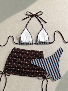Soleia Women's Retro Polka Dot & Striped Contrast Color Print Swimwear Set, Suitable For Beach Vacation - Multicolor - View 2