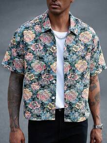 Manfinity CasualCool Plus Size Men's Casual Loose Textured Jacquard Short Sleeve Vacation Shirt - Multicolor - View 3