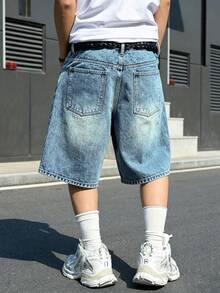 Manfinity EMRG Quần short denim dáng rộng, rách gấu, kiểu vintage, thêu chữ thập, thời trang đường phố dành cho nam giới, chất liệu denim đã qua xử lý. - Rửa nhẹ - Xem 2