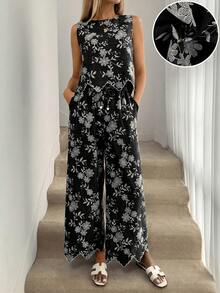 SHEIN LUNE 女款黑白花卉印花無袖短版上衣與寬腿褲套裝，波浪不對稱下擺，夏季休閒性感優雅度假風 - 黑色 - 查看 2