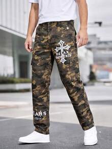 Manfinity Quần jean nam denim thường ngày đa năng, có túi, nút, họa tiết rằn ri, chữ cái, hình chữ thập. - màu nâu - Xem 3
