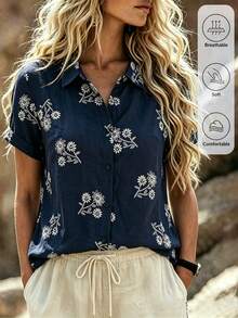 EMERY ROSE Women's Floral Embroidery Single-Breasted Casual Boho Shirt Vacation Navy Blue Floral Summer - Blue - View 8