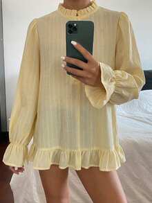DAZY 条纹宽松长袖蕾丝边休闲度假夏季女式衬衫 - 黃色 - 查看 4