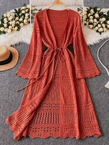 DreamSkyne Plus Size Women's Solid Color Beach Resort Romantic Crochet Net Drawstring Tie Bow Cardigan Western Wear - Orange - View 1