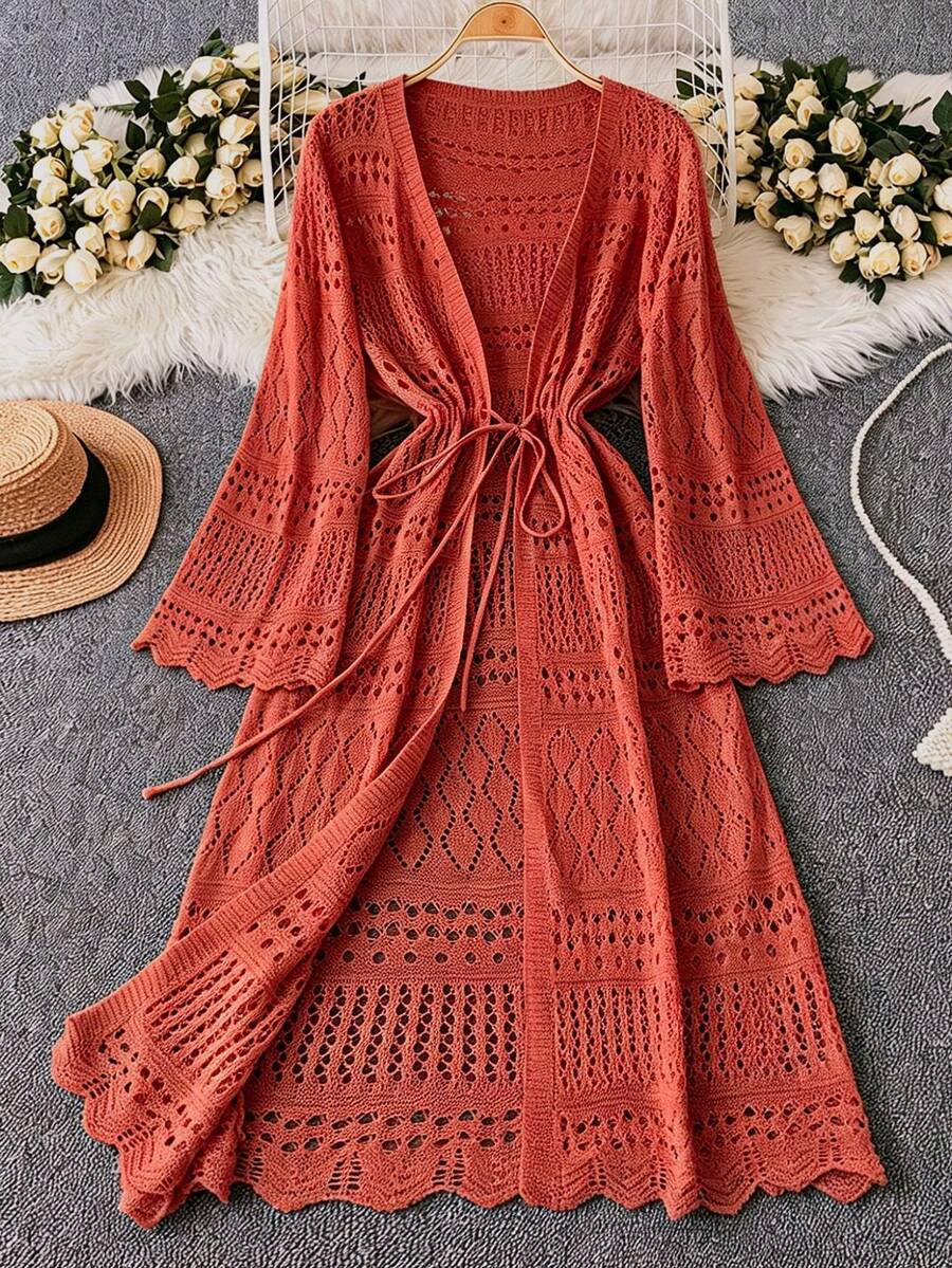 DreamSkyne Plus Size Women's Solid Color Beach Resort Romantic Crochet Net Drawstring Tie Bow Cardigan Western Wear - Orange - View 1