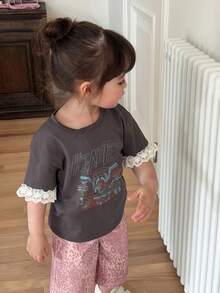 DAZY Infant/Toddler Girls' Round Neck Lace Patchwork Korean Style Spring/Summer Top - Grey - View 3