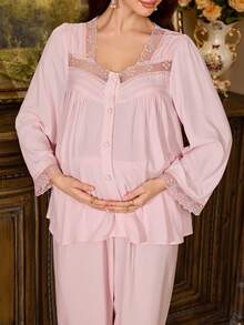 Moonlight&Mama Embroidered Button Comfortable Maternity Top And Casual Lounge Pants Pajama Set - Baby Pink - View 3
