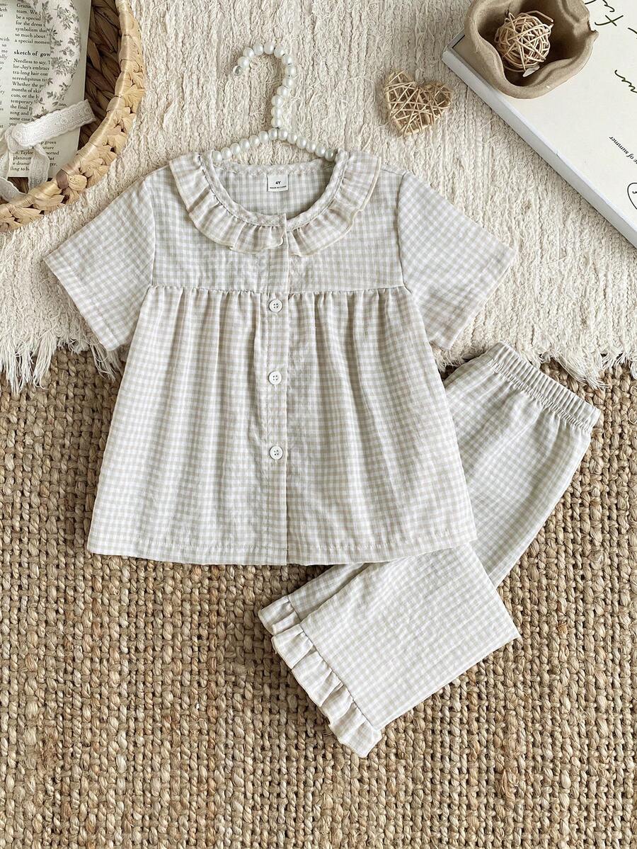 SHEIN Bộ đồ mùa hè cho bé gái gồm 2 món, kiểu dáng thời trang, tươi tắn, thanh lịch, màu mơ kẻ caro, cổ Peter Pan, áo khoác ngắn tay và quần dài có bèo nhún. - Màu be - Xem 1