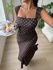 SHEIN EZwear 大码女士波点荷叶边优雅度假连衣裙 - 棕色 - 查看 6