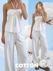 CovetEZ Bộ đồ nữ màu trắng kiểu dáng thường ngày gồm áo tank top cổ yếm và quần dài. - trắng - Xem 3