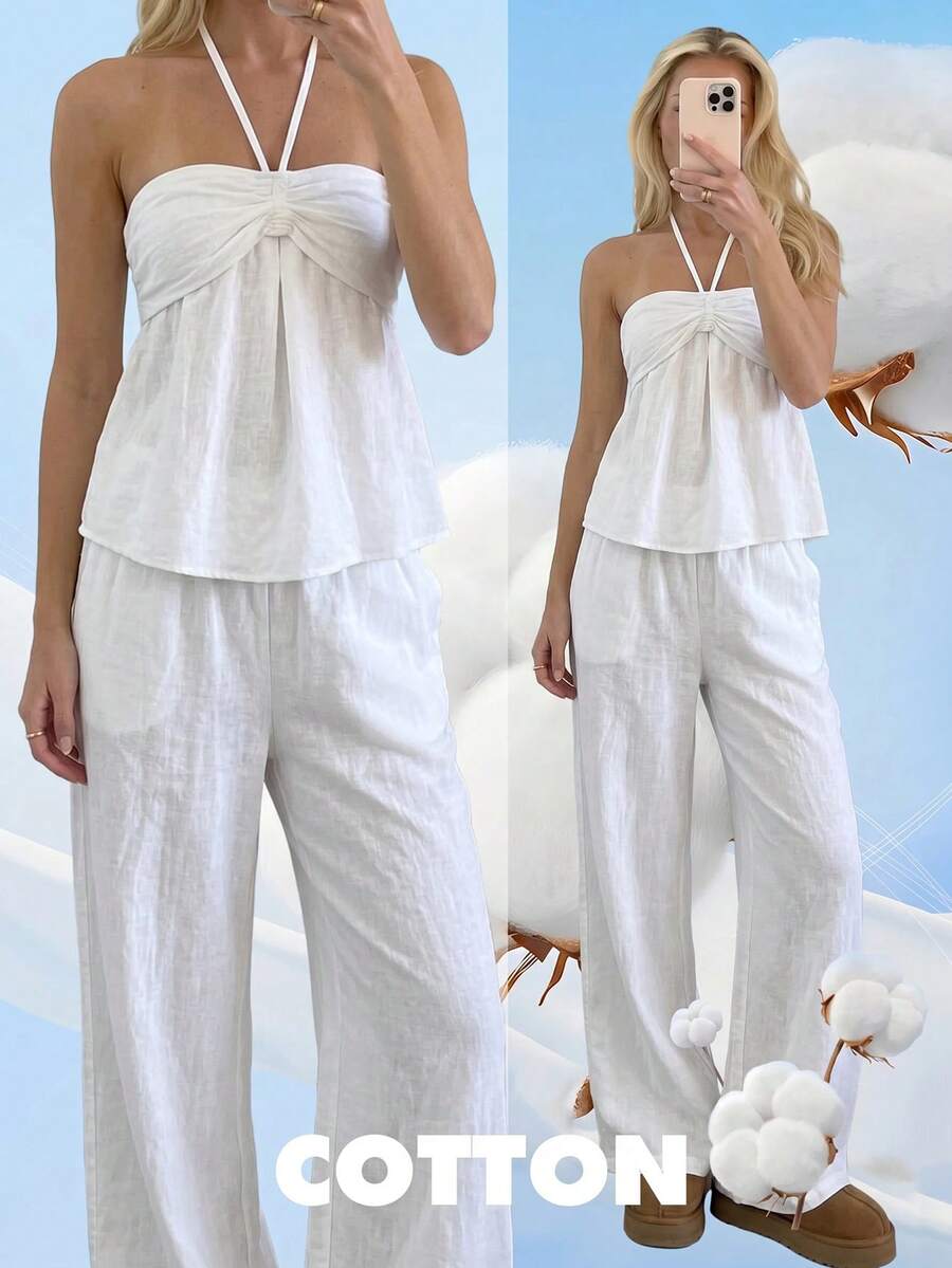 SHEIN EZwear 女款白色純棉掛脖背心與寬腿喇叭褲兩件套,熱帶度假風夏季休閒無袖居家套裝 - 白色 - 查看 1