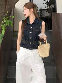 DAZY Women's Korean Style Fitted Casual Denim Blouse, Summer - Blue - View 6