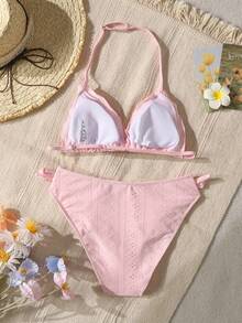 SHEIN Teen Girl 2026 Spring/Summer New Tropical Vacation Solid Pink Textured Halter Ruffled Bow Swimwear, Versatile - Pink - View 2