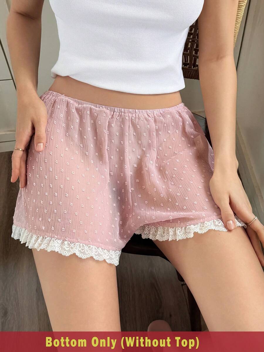 Snug Reverie White Polka Dot Jacquard Lace Hem Cute Sweet Elastic Waist Shorts Sleeping Summer - Pink - View 1