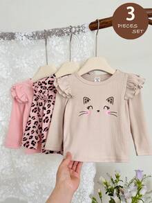 SHEIN LMoss Kids Conjunto de 3 piezas para bebé niña, top casual de punto de color liso con estampado de leopardo y patrón lindo, cuello redondo y bajo con volantes, estilo grueso, adecuado para otoño/invierno - Multicolor - View 9
