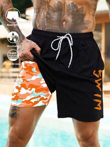 Palasendo Shorts de Praia Masculina com Estampa de Letra, Cintura com Cordão e Dupla Camada - Multicolorido - Visão 1