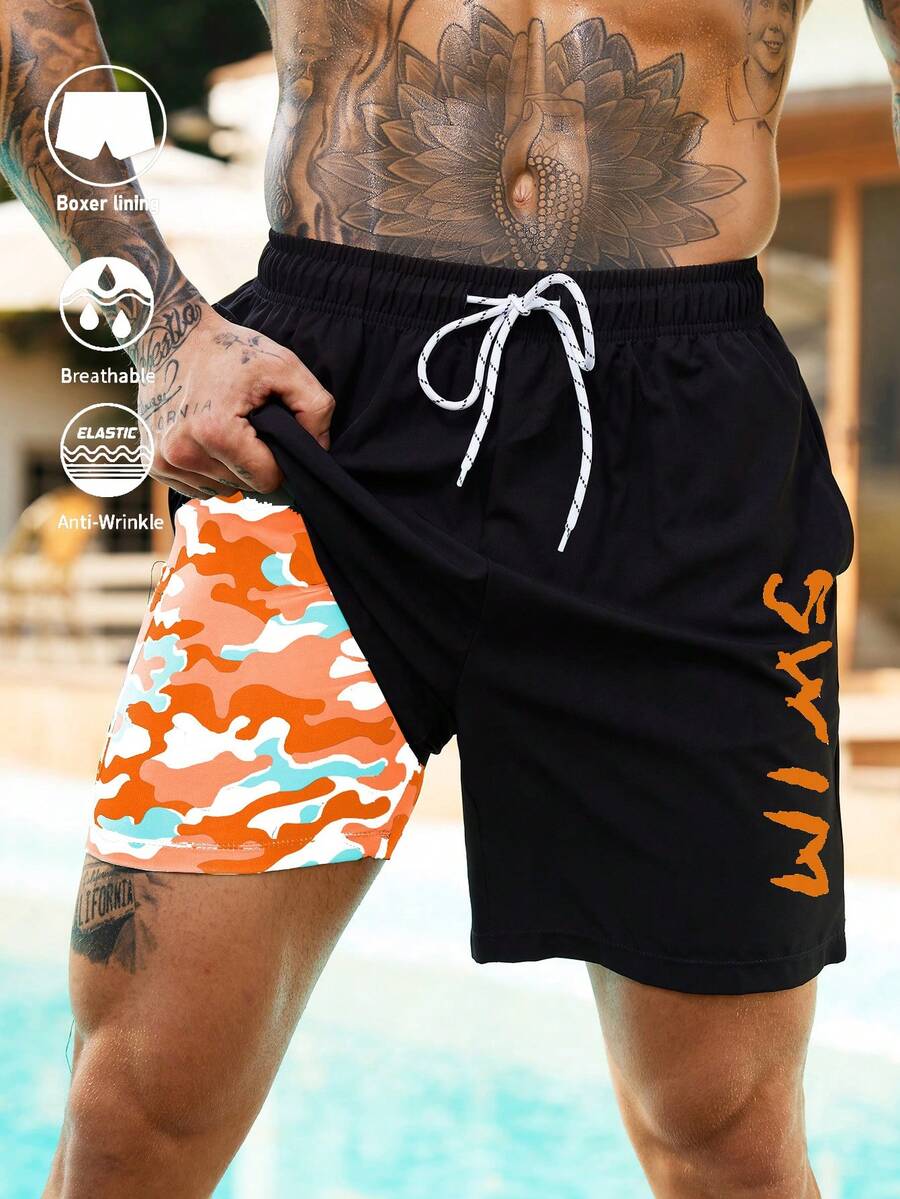 Palasendo Shorts de Praia Masculina com Estampa de Letra, Cintura com Cordão e Dupla Camada - Multicolorido - Visão 1