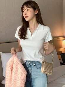DAZY Women's Round Neck Solid Color Basic White Short Sleeve T-Shirt, Spring/Summer - White - View 6