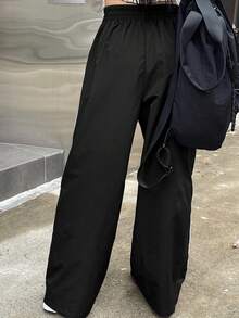 DAZY Casual Contrast Piping Drawstring Waist Wide Leg Pants - Black - View 2