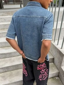 GALLERY FADE Frayed Distressed Denim Short Sleeve Jacket, Zipper Closure Vintage Washed Summer Outerwear - Blue - View 2