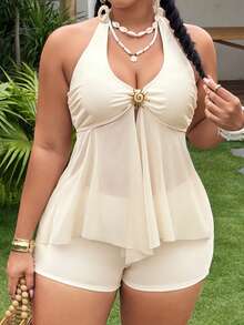 Bellisia Bộ đồ bơi tankini nữ size lớn với áo cổ yếm trang trí kim loại và quần short, phù hợp cho kỳ nghỉ hè và đi biển - Màu be - Xem 1