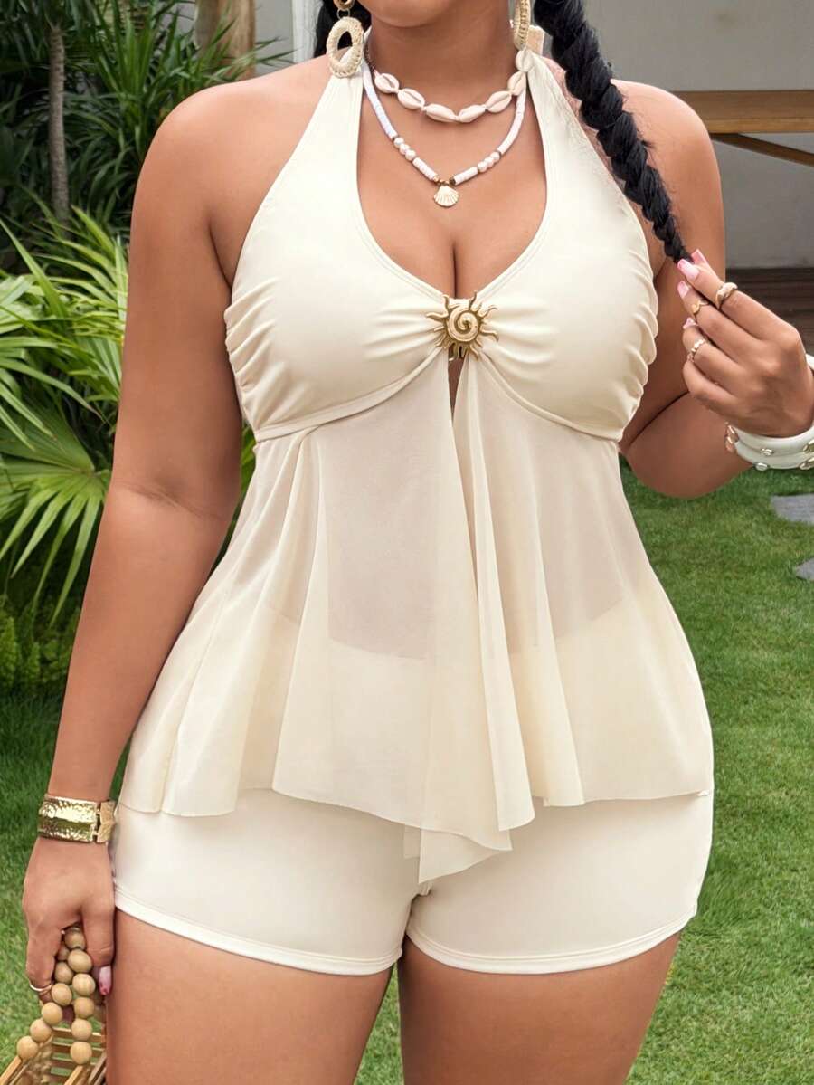 Bellisia Bộ đồ bơi tankini nữ size lớn với áo cổ yếm trang trí kim loại và quần short, phù hợp cho kỳ nghỉ hè và đi biển - Màu be - Xem 1