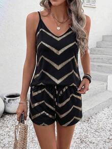 EMERY ROSE Fashionable Casual Basic Vintage Black & Gold Glass Print V-Neck Camisole + Shorts 2-Piece Set - Multicolor - View 4