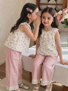 SHEIN Young Girl Chiffon Ditsy Floral Ruffle Trim Top And Loose Pants 2 Piece Set - Multicolor - View 5