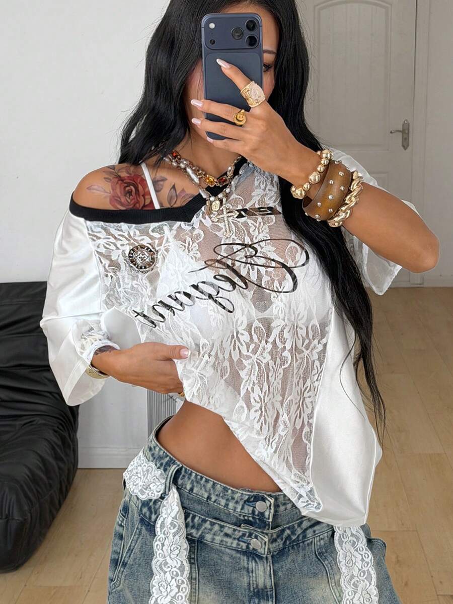 Coolane 男女夏季街头情侣同款Y2K辣妹风仙女风比赛日撞色蕾丝数字图案拼接超大款针织T恤 - 白色 - 查看 1