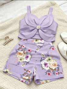 EMERY ROSE Casual Fashion 3D Floral Camisole And Shorts Set - Purple - View 3