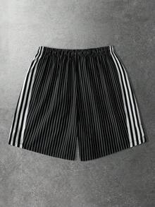 ROMWE MEN Men's Contrast Stripe Print Drawstring Waist Casual Shorts - Black - View 5