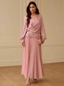 ZEYLAH Vestido elegante de manga larga con cuello en V y bordado de unicolor para mujer - Rosa Pálido - Ver 6