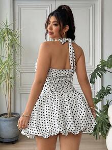 SHEIN EZwear Đầm dự tiệc/hẹn hò chấm bi cổ yếm xếp ly dành cho nữ cỡ lớn - Đen và trắng - Xem 3