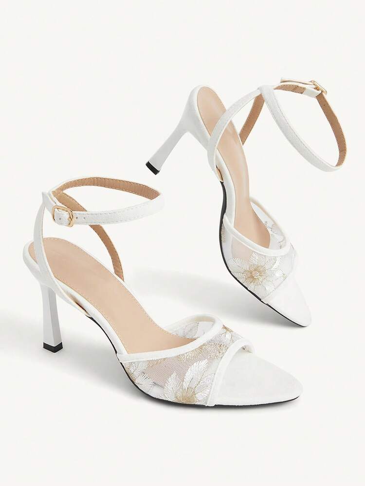 CUCCOO CHICEST Mesh Daisy Pointed One-Word With Stiletto Sandals, Metal Buckle, Girl High Heels