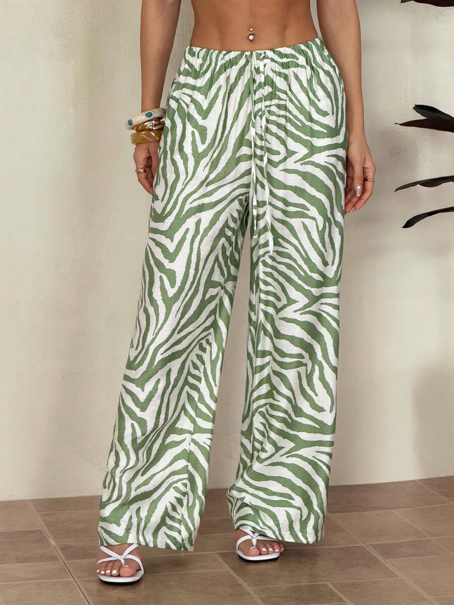 SHEIN PETITE 女款時尚動物斑馬紋寬腿褲 夏季寬褲 波西米亞風 小碼女款 - 綠色 - 查看 1