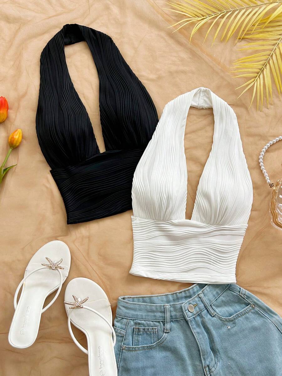 Soleia Women's Solid Color Halter Casual Versatile Daily Wear Top,No Bra Cup - Black and White - View 1
