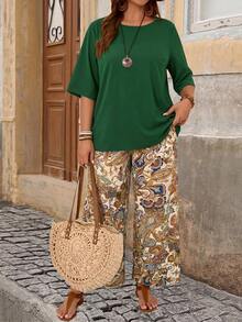 EMERY ROSE Plus Size Women Vacation Solid Color Loose Shirt And Botanical Print Wide Leg Pants 2 Pieces Set Summer Emerald Green Beige Boho Bohemian - Green - View 3