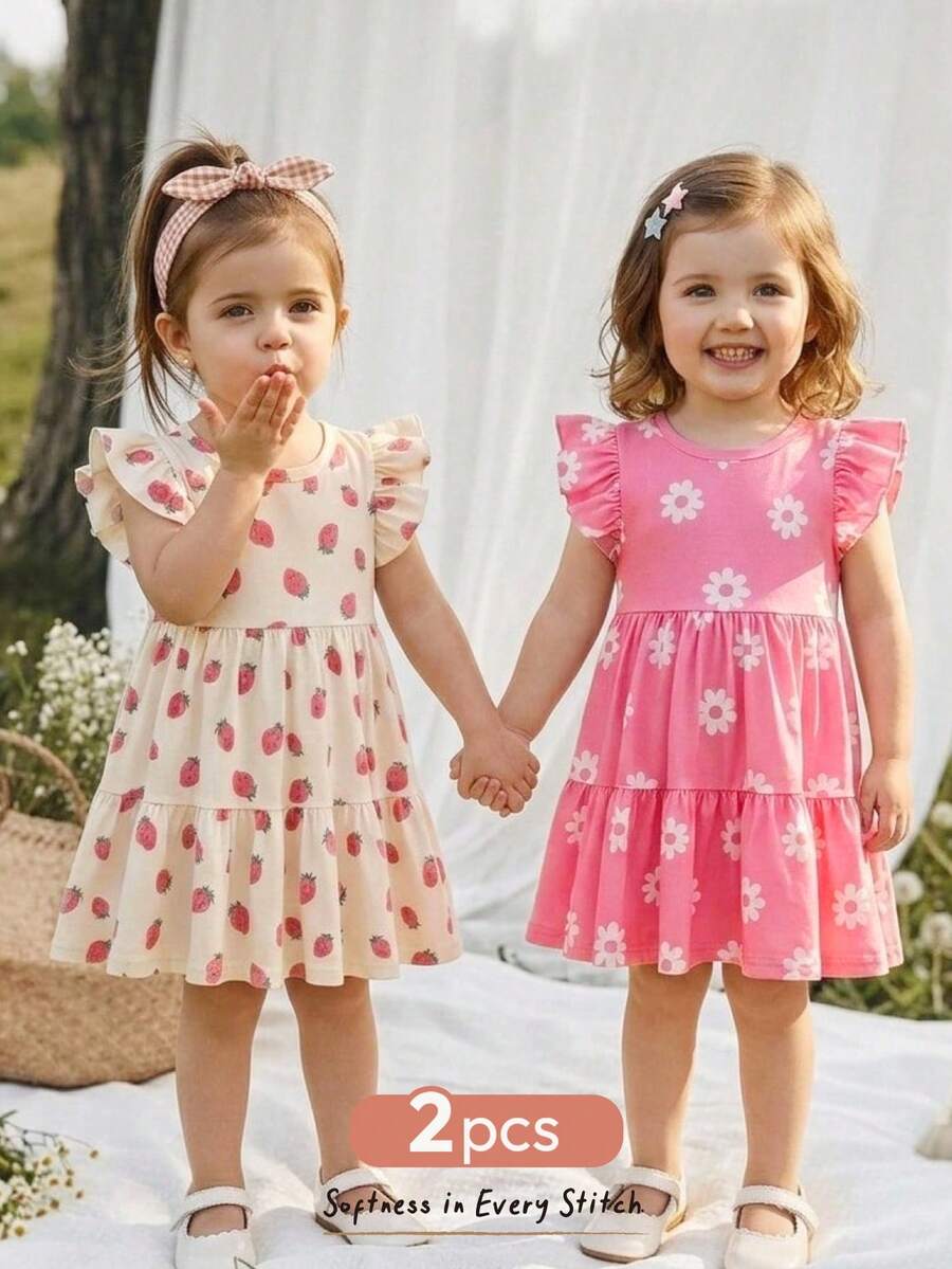 Cozy Pixies 2pcs Baby Girl Floral Print Knit Soft Round Neck Short Sleeve Cinched Waist Dress Set - Pink - View 1
